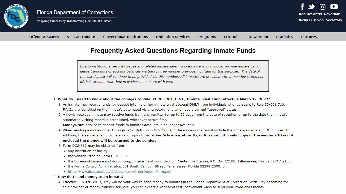 FAQ: Inmate Funds - Florida Department of Corrections